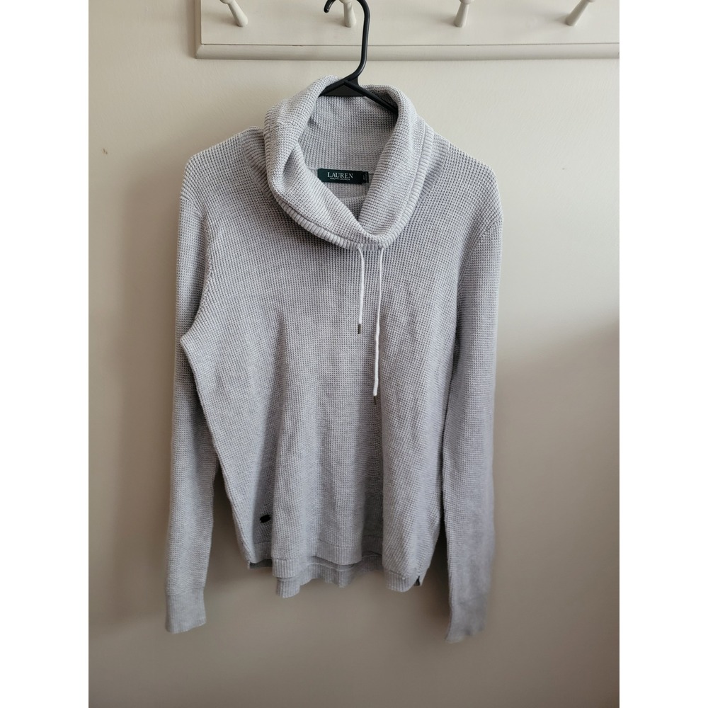 Lauren Ralph Lauren Waffle Knit Cowl Neck Drawstring Sweater Gray Large Basic